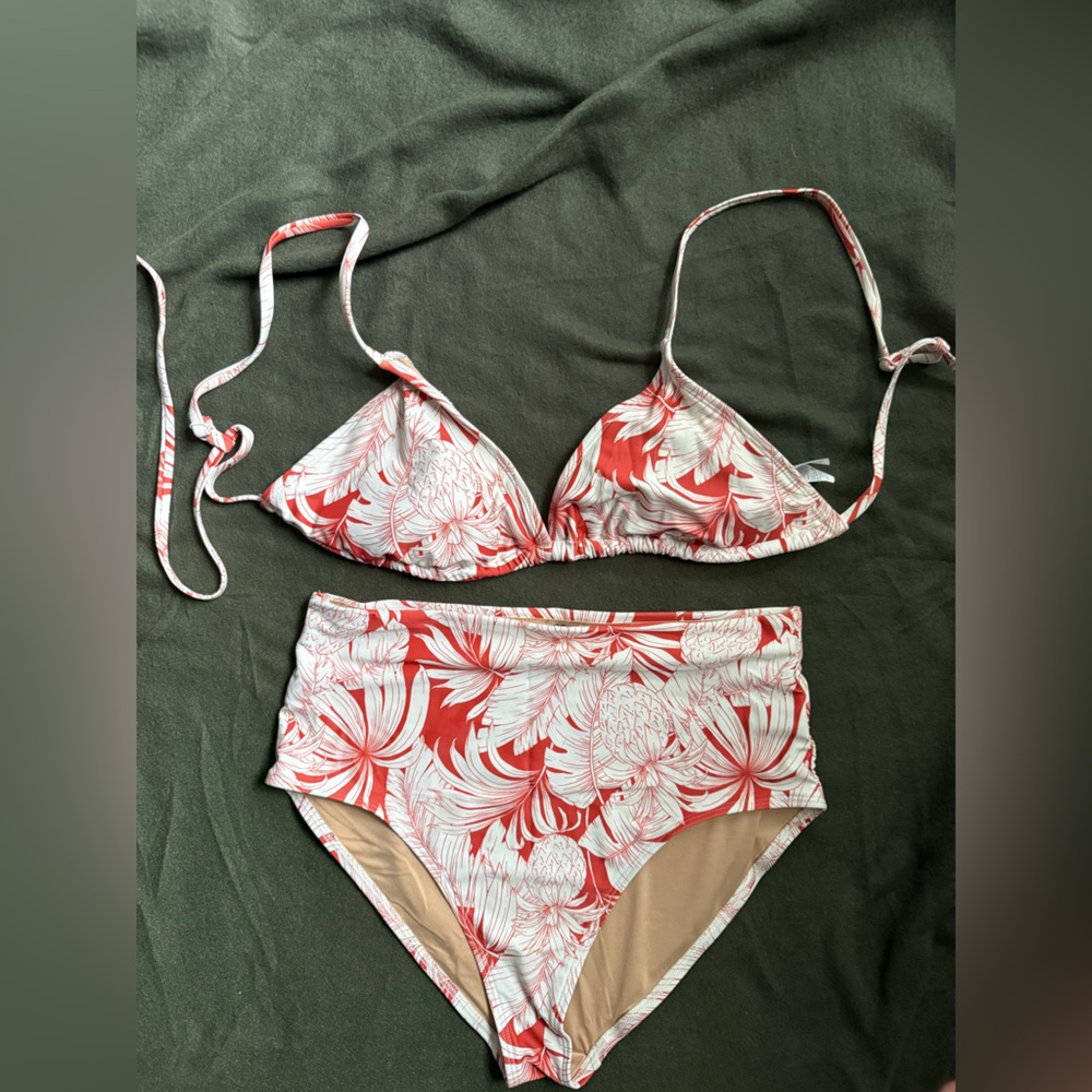 Coral and White Floral High-Waist Bikini Set